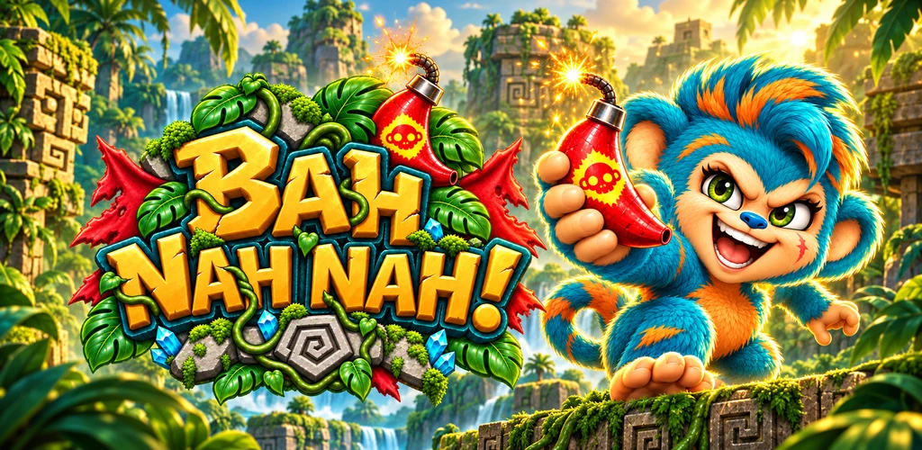 Bah Nah Nah! logo and Vexa holding a banana bomb in a lush jungle arena