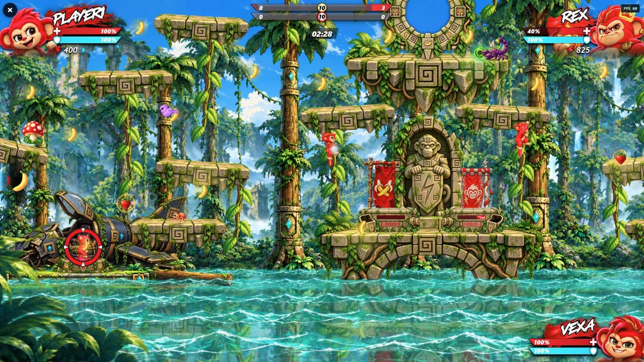 Actual Bah Nah Nah! gameplay showing monkey characters, banana pickups and jungle platforms over water