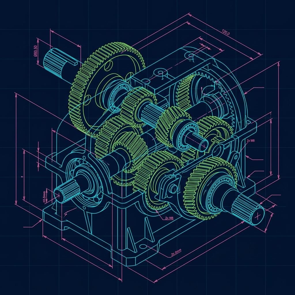 Illustrative cyan and lime CAD wireframe of a gear assembly