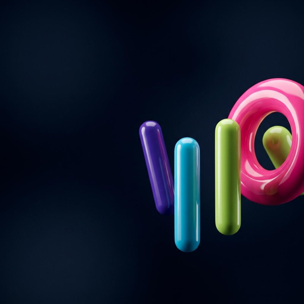Illustrative 3D render of a pink ring, lime, purple and cyan pillars on dark navy